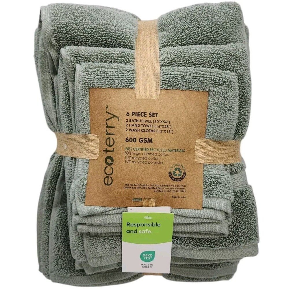 Ecoterry 6pc Dusty Green Bath  Towel Set 2 Bath 2‎ Hand 2 Washcloths - Picture 9 of 9